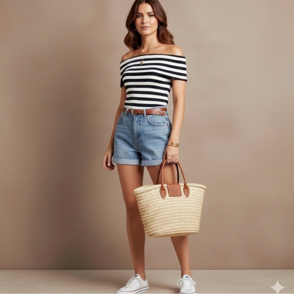 Banana Republic Off-Shoulder Cotton Ribbed Nautical Striped Top Navy White Sz S - Picture 11 of 13